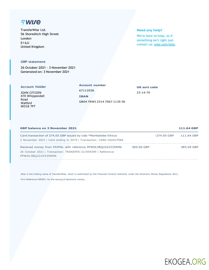 Modèle de relevé bancaire Royaume Uni Wise au format Word et PDF